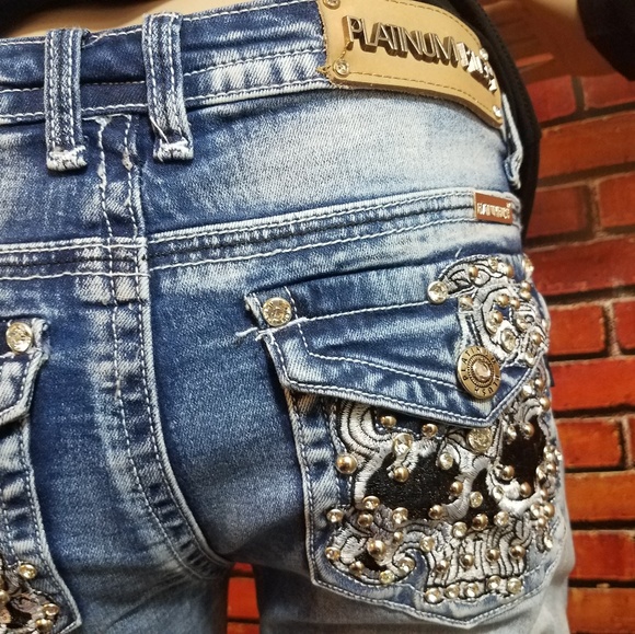 Boot Cut Embroidered Skull Biker Jeans - Picture 4 of 8